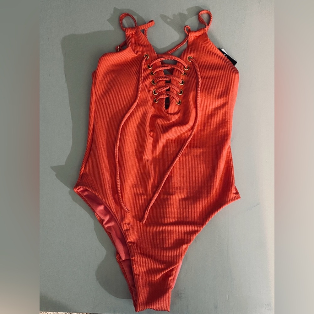 Women’s Orange lace-up, high cut, one piece bathing suit  XS